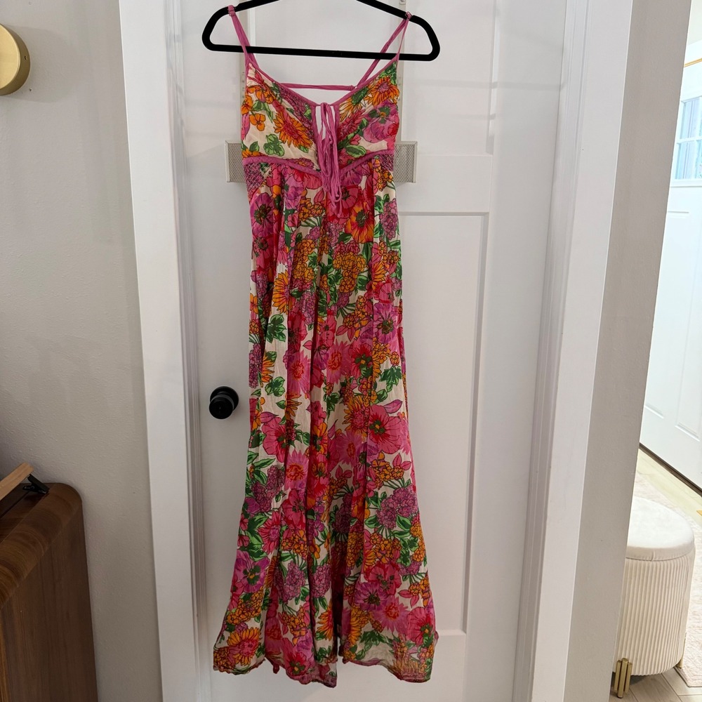 Free People Dream Weaver Maxi Cotton Dress Floral Pink Colorful Boho M Resort